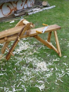 Our drawhorse and drawknife with the obligatory masses of wood shavings.
