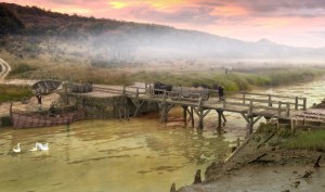 Looking from the lake to the bridge and causeway